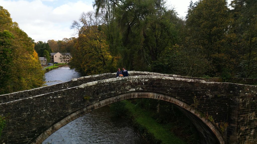 wedding photograph taken at the Brig o' Doon from a drone wedding video